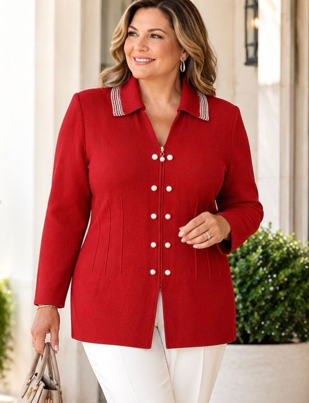 Vintage St John Collection Marie Gray Red Knit Pearl Sweater Jacket Full Zip